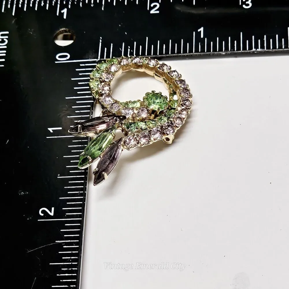 Vtg Unsigned Weiss Swirl Brooch Green & Purple Prong Rhinestones Navette Crystal